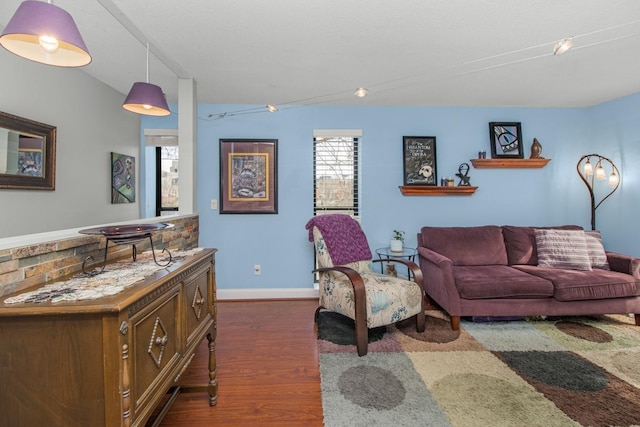 living area with baseboards and dark wood-style floors