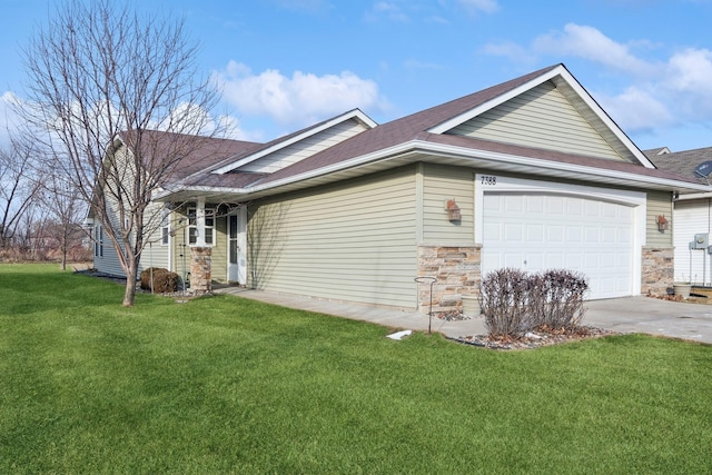 view of property exterior featuring a lawn, stone siding, concrete driveway, a shingled roof, and a garage