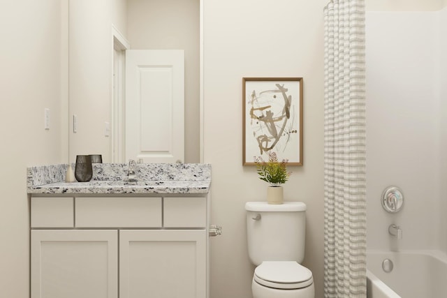 full bathroom featuring toilet, vanity, and shower / bathtub combination with curtain