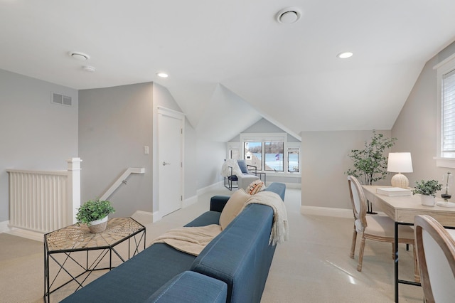 living room with baseboards, visible vents, lofted ceiling, recessed lighting, and light colored carpet