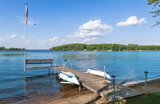 dock area with a forest view and a water view