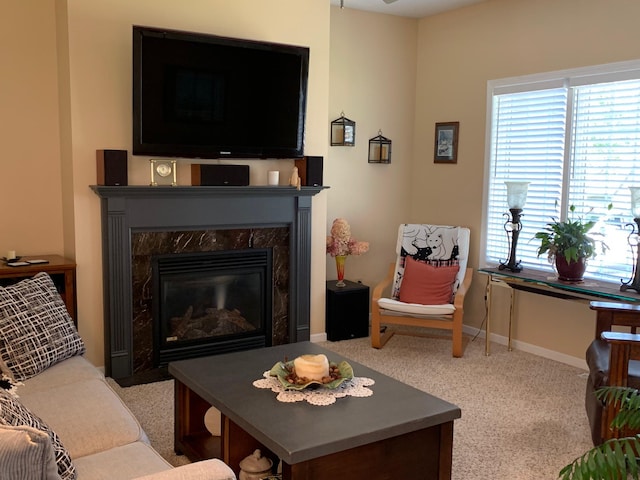 carpeted living area with baseboards and a premium fireplace