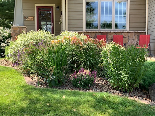 entrance to property featuring stone siding and a lawn