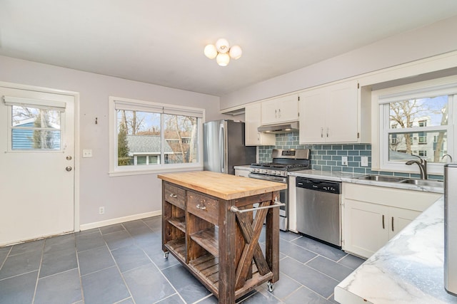 kitchen featuring tasteful backsplash, under cabinet range hood, butcher block counters, stainless steel appliances, and a sink