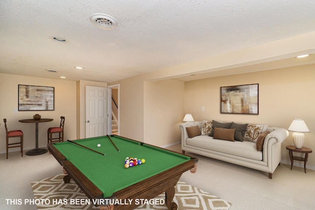 game room with visible vents, pool table, carpet flooring, recessed lighting, and a textured ceiling