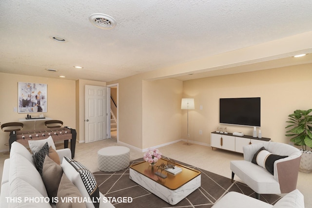 5544 Spruce Rd, Mound, MN 55364 - living room with carpet flooring, stairway, recessed lighting, and a textured ceiling