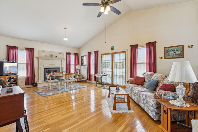 living room with a wealth of natural light, a warm lit fireplace, a ceiling fan, and hardwood / wood-style flooring