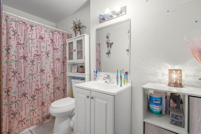 full bath with vanity, tile patterned floors, toilet, and a shower with curtain