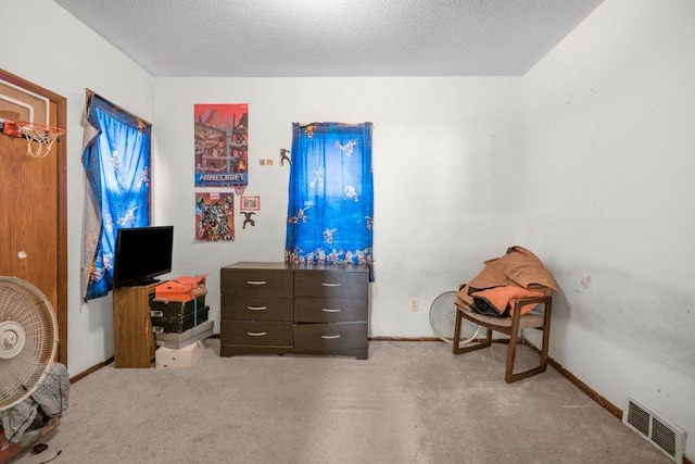 sitting room featuring visible vents, a textured ceiling, and carpet