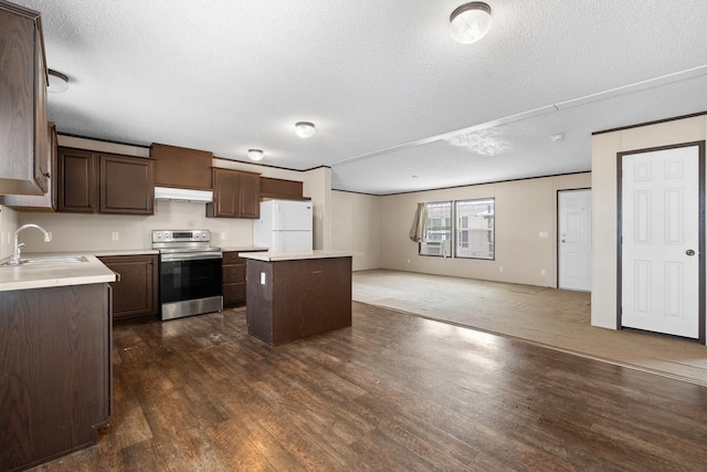 kitchen with a sink, under cabinet range hood, a kitchen island, stainless steel electric stove, and freestanding refrigerator