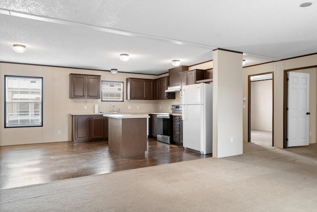 kitchen with under cabinet range hood, a center island, freestanding refrigerator, dark brown cabinetry, and stainless steel electric range oven