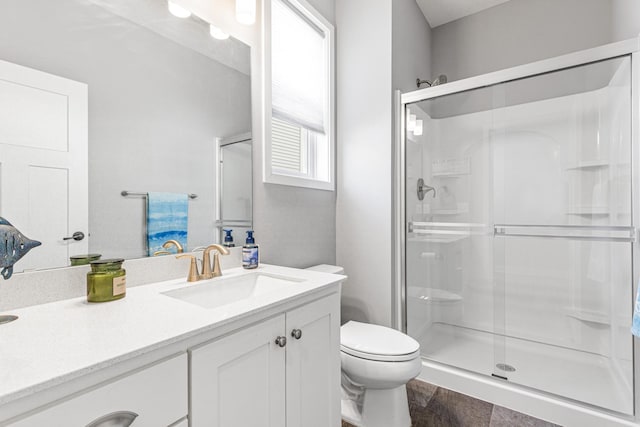 bathroom featuring toilet, a stall shower, and vanity