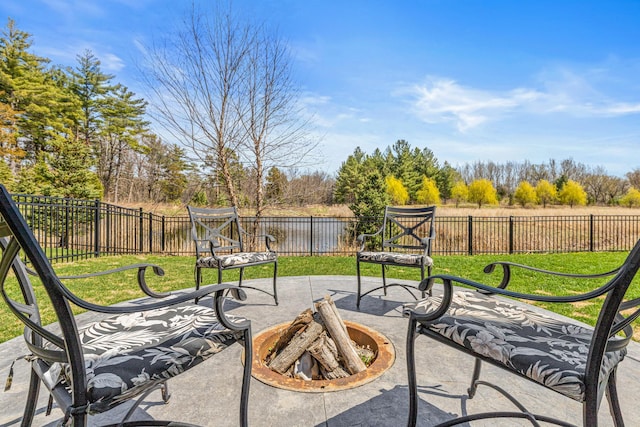 view of patio / terrace with a water view and a fenced backyard