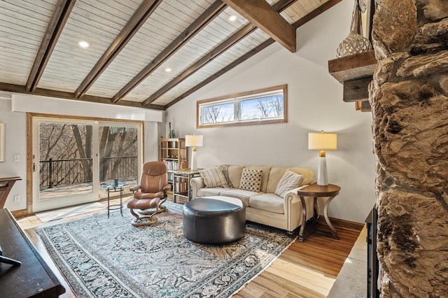 living room with baseboards, beam ceiling, light wood-style flooring, recessed lighting, and wood ceiling