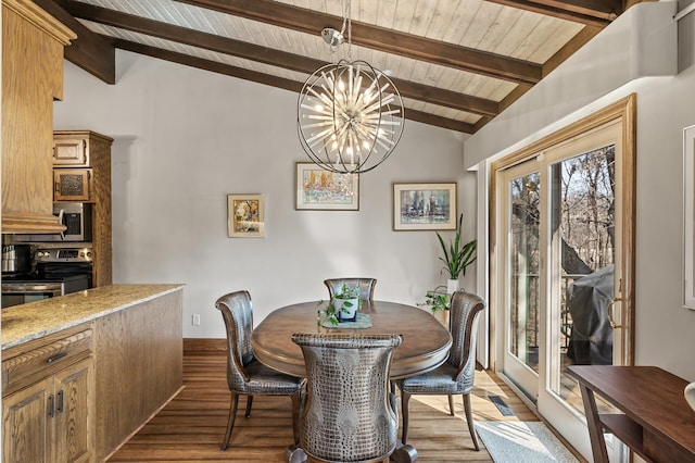 dining area featuring baseboards, a chandelier, wood ceiling, lofted ceiling with beams, and wood finished floors