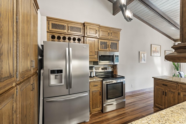 kitchen with vaulted ceiling with beams, baseboards, brown cabinets, appliances with stainless steel finishes, and dark wood-style flooring