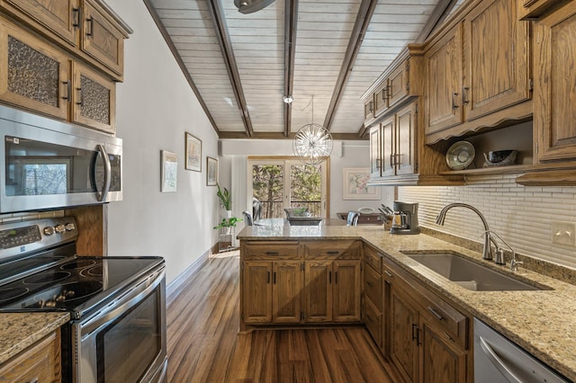 kitchen with dark wood-type flooring, a sink, backsplash, appliances with stainless steel finishes, and a peninsula