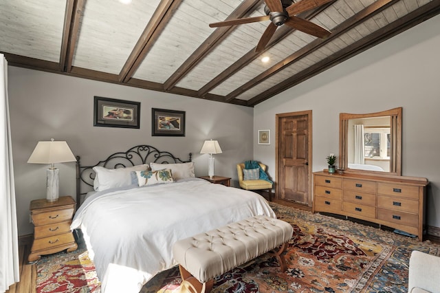 bedroom with wood ceiling, vaulted ceiling with beams, a ceiling fan, and wood finished floors