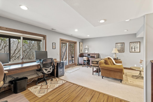 office featuring recessed lighting, visible vents, and wood finished floors