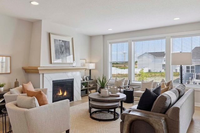 living room with recessed lighting, a premium fireplace, and wood finished floors