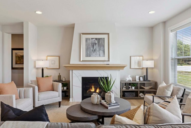 living area with recessed lighting, wood finished floors, and a high end fireplace