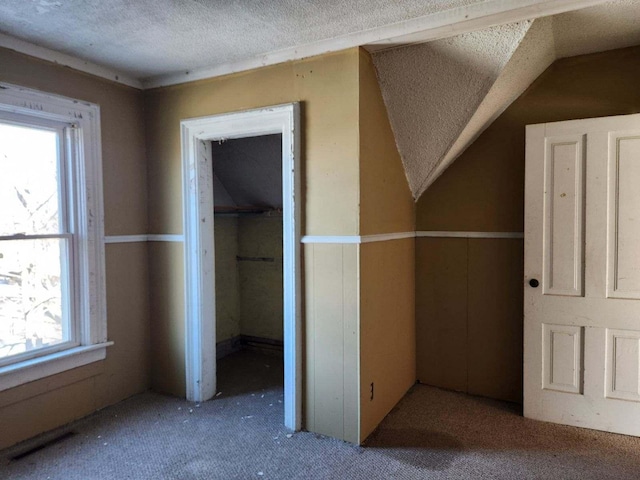 bonus room with lofted ceiling, carpet flooring, and a textured ceiling