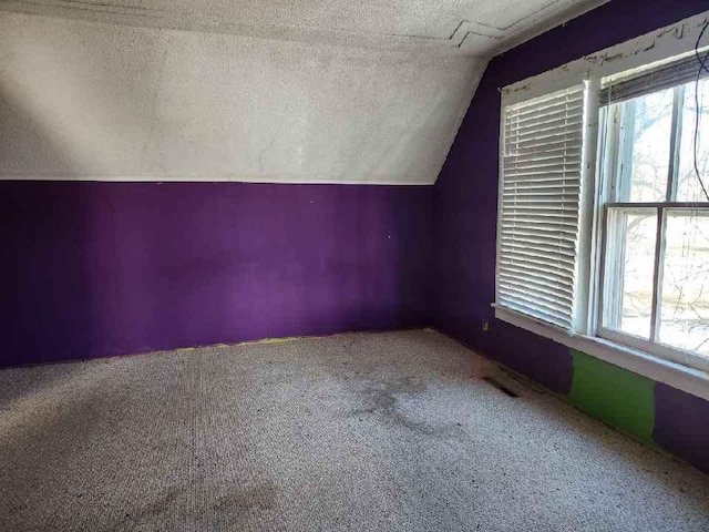 bonus room with a textured ceiling, carpet, and vaulted ceiling