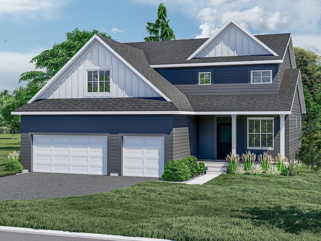 view of front of house with a front lawn, a porch, board and batten siding, a shingled roof, and a garage