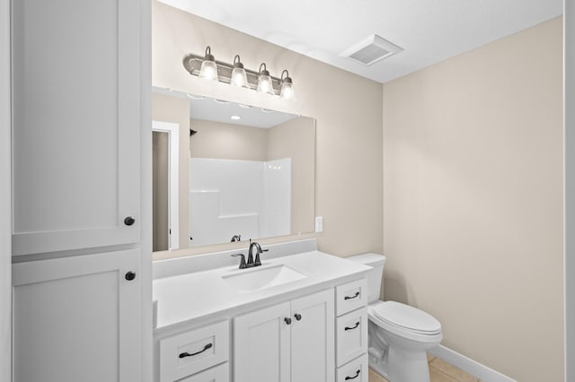 full bathroom featuring visible vents, toilet, tile patterned floors, vanity, and a shower