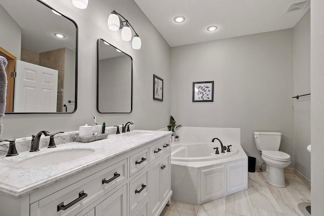 full bath with a sink, visible vents, toilet, and a bath