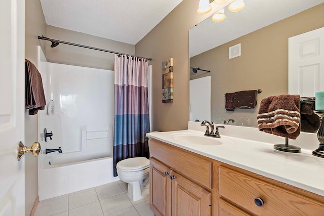 bathroom featuring vanity, visible vents, tile patterned flooring, shower / bath combination with curtain, and toilet