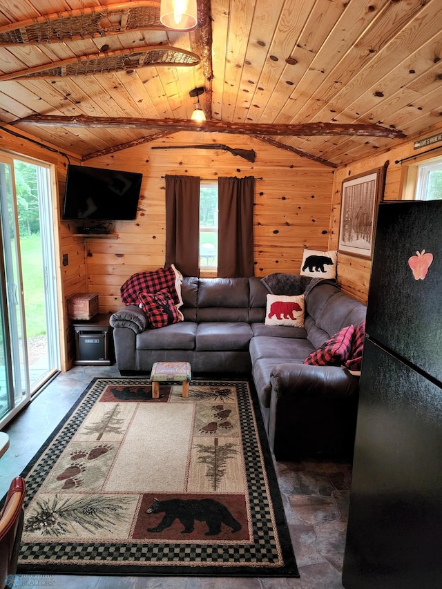 living area featuring plenty of natural light, wood walls, and wooden ceiling