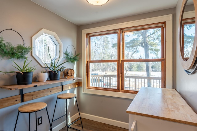 interior space with dark wood-type flooring and baseboards