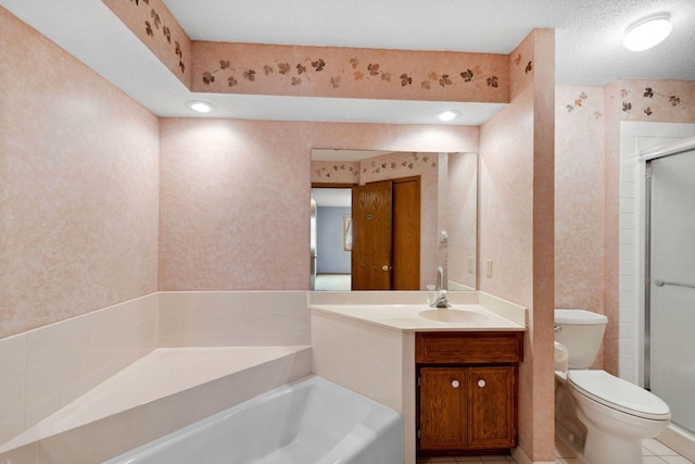 bathroom featuring toilet, a stall shower, wallpapered walls, and a garden tub