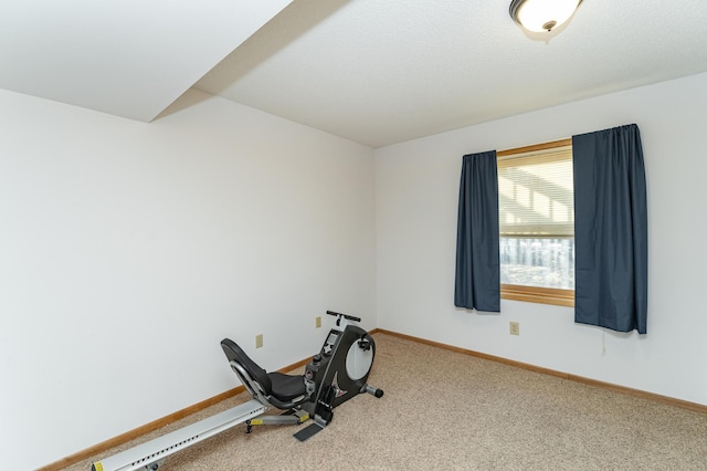 workout area featuring baseboards and carpet