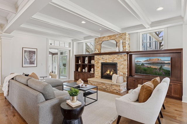 38 Mississippi River Blvd N, Saint Paul, MN 55104 - living area with beamed ceiling, light wood-style flooring, a fireplace, and recessed lighting