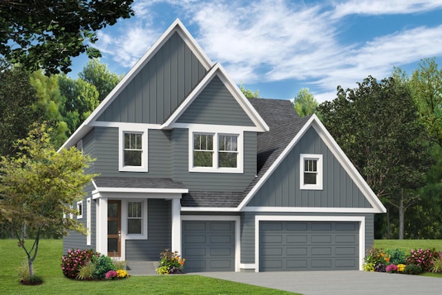 view of front of home with roof with shingles, board and batten siding, and a front yard