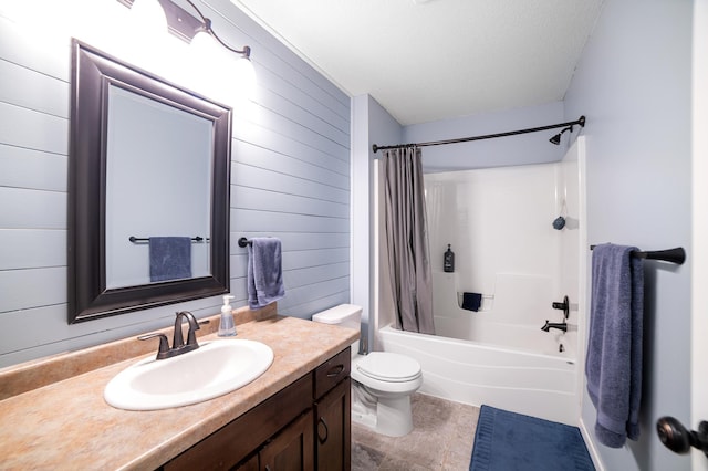 18492 120th St SE, Big Lake, MN 55309 - full bath with vanity, wood walls, shower / bath combo, and a textured ceiling