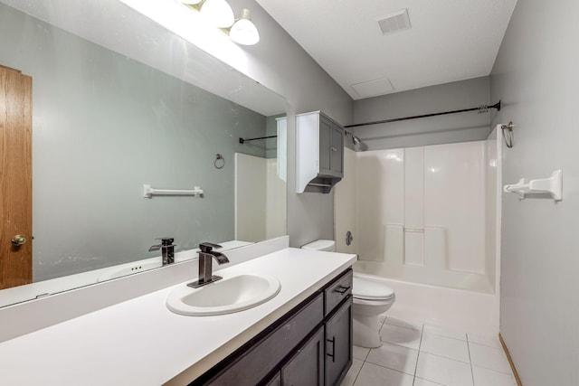 bathroom featuring vanity, visible vents, tile patterned flooring, shower / washtub combination, and toilet