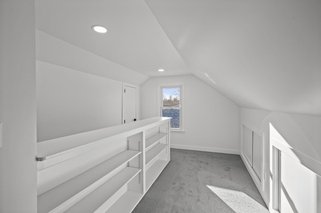 bonus room with recessed lighting, baseboards, carpet flooring, and vaulted ceiling