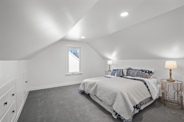 bedroom with lofted ceiling, recessed lighting, baseboards, and dark carpet