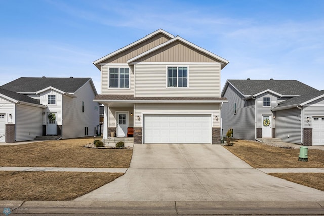 craftsman inspired home with concrete driveway, an attached garage, board and batten siding, and stone siding