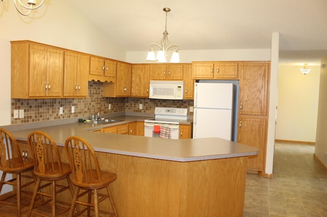 12170 Hillcrest Ct SE, Becker, MN 55308 - kitchen with white appliances, a peninsula, decorative backsplash, a chandelier, and decorative light fixtures