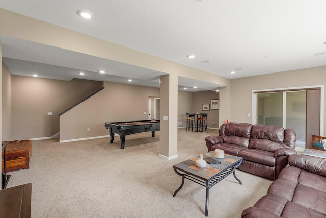 6627 133rd St, Savage, MN 55378 - living area featuring pool table, light colored carpet, recessed lighting, baseboards, and stairway