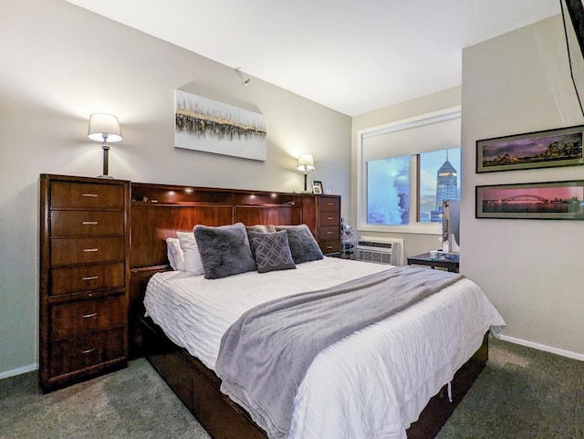 carpeted bedroom with a wall mounted AC and baseboards