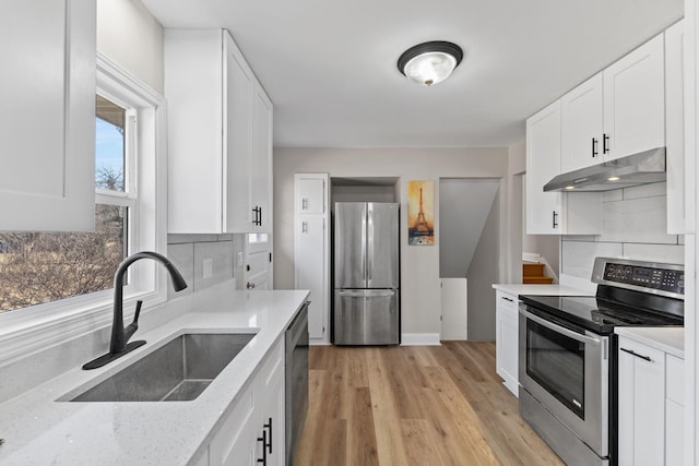 kitchen with a sink, stainless steel appliances, under cabinet range hood, white cabinetry, and tasteful backsplash