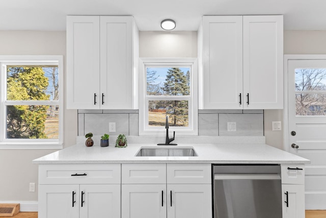 kitchen featuring a wealth of natural light, visible vents, a sink, tasteful backsplash, and stainless steel dishwasher