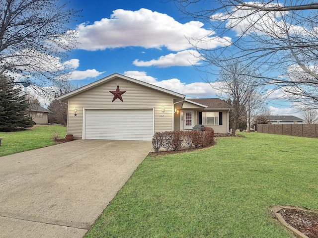 ranch-style home with a garage, concrete driveway, a front lawn, and fence