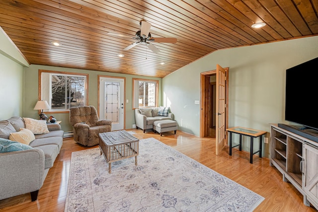 living area with ceiling fan, lofted ceiling, wooden ceiling, and light wood finished floors