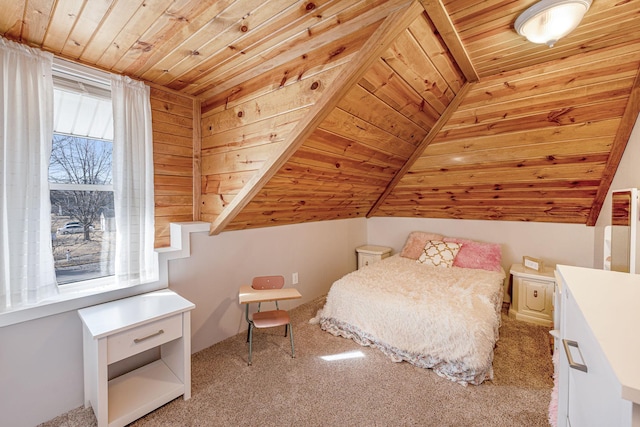 bedroom with light colored carpet, wood ceiling, and lofted ceiling